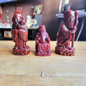 Vintage Red Resin Chinese Gods Fuk Luk Sau FIGURINES 3 wise men feng shui GUC
